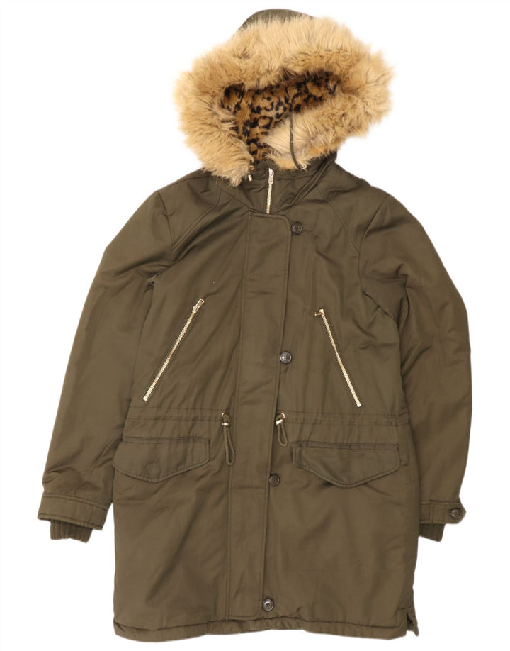 Zara Dame Hooded Parka Jacket UK 14 Medium Khaki Polyester