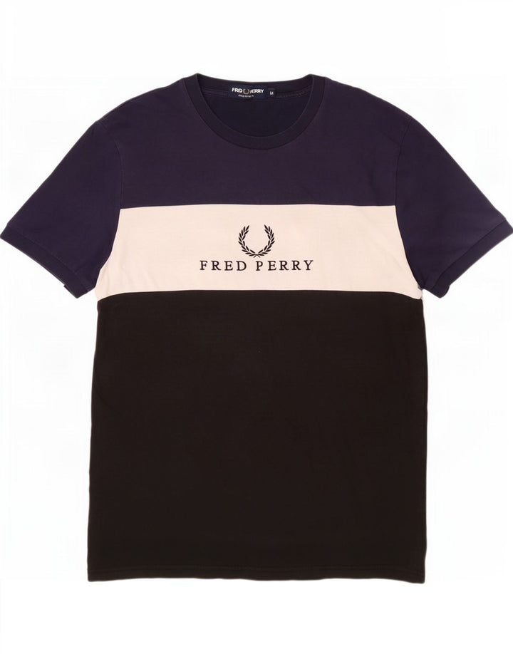 Fred Perry Herre grafisk T-shirt Top Medium Sort Colourblock Bomuld