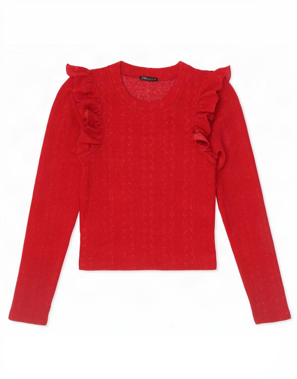 Zara Womens Crop Ruffle Front Top Langærmet UK 8 Small Red