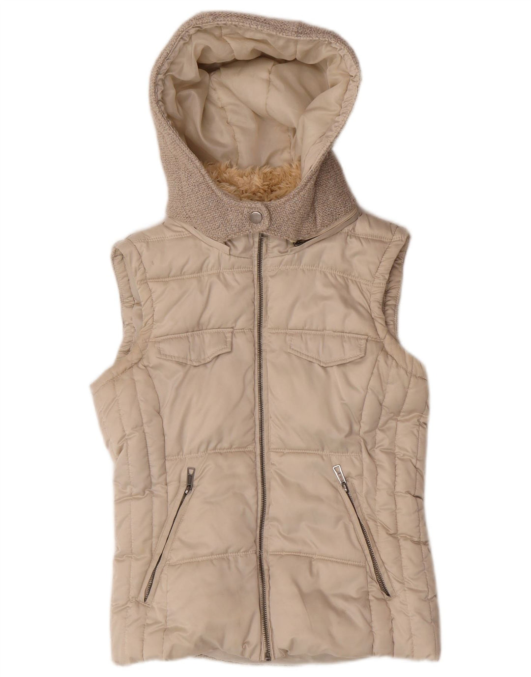 Zara Dame Hætte Polstret Gilet UK 10 Small Beige Polyester