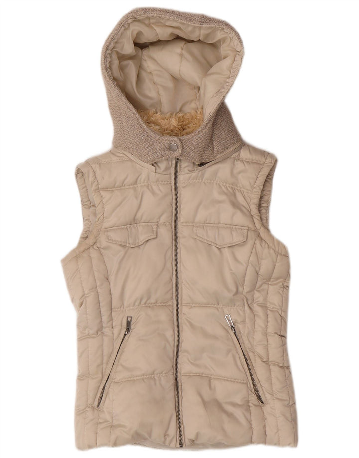 Zara Dame Hætte Polstret Gilet UK 10 Small Beige Polyester