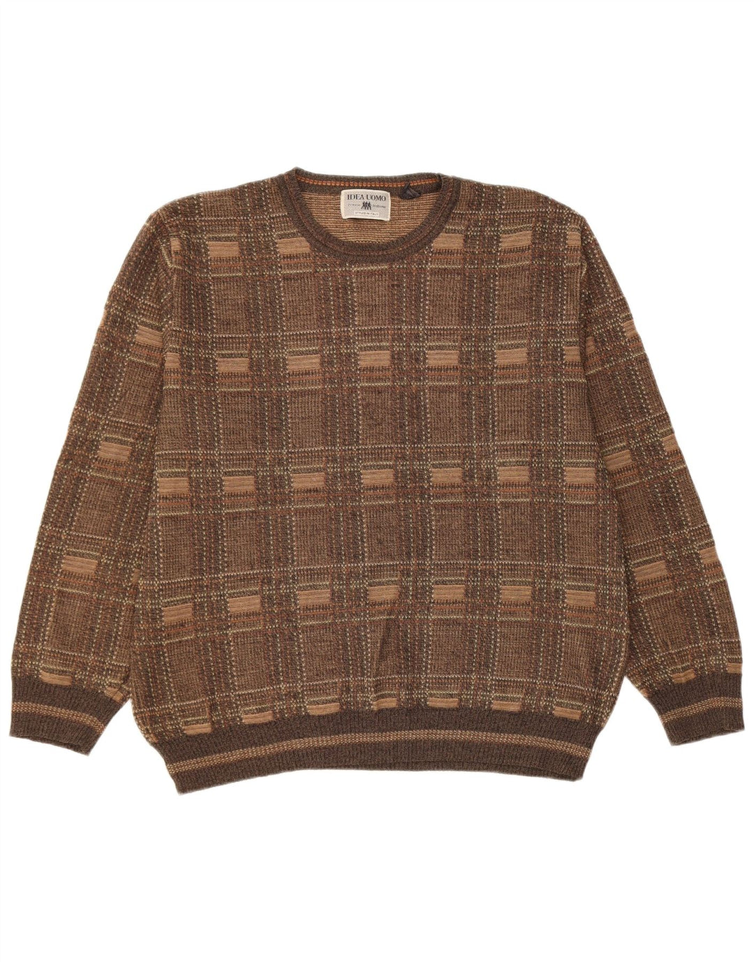 Vintage herre sweater med rund hals, stor brun ternet