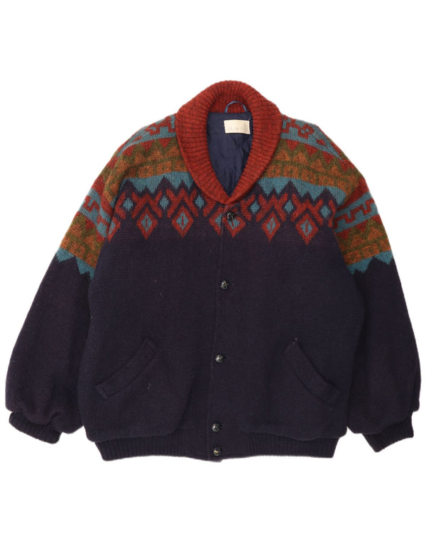 Alafoss Herre Loose Fit Knit Bomber Jacket UK 42 XL Marineblå Geometrisk Uld