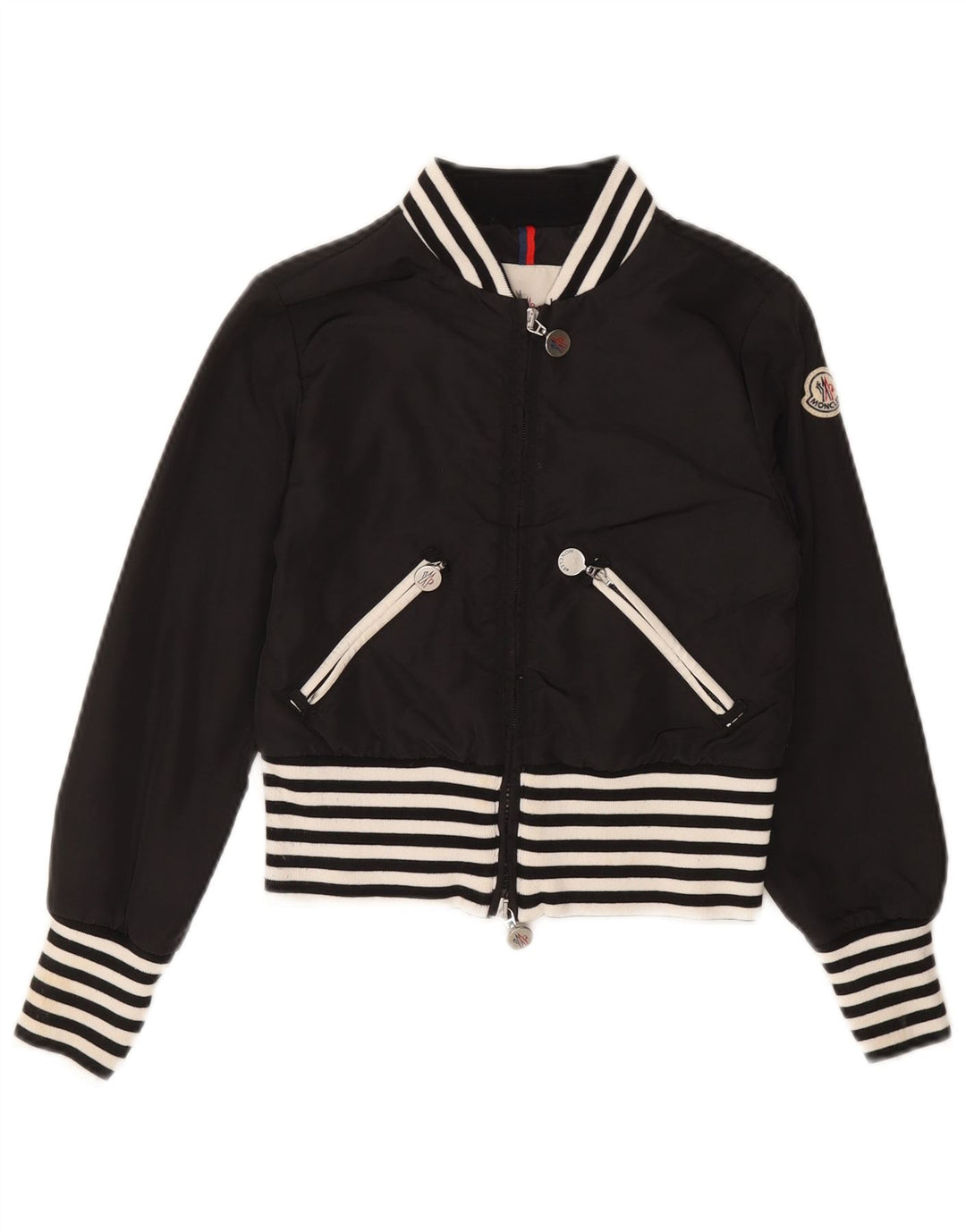 Moncler Girls Crop Bomber Jacket 9-10 År Sort Stribet Polyamid