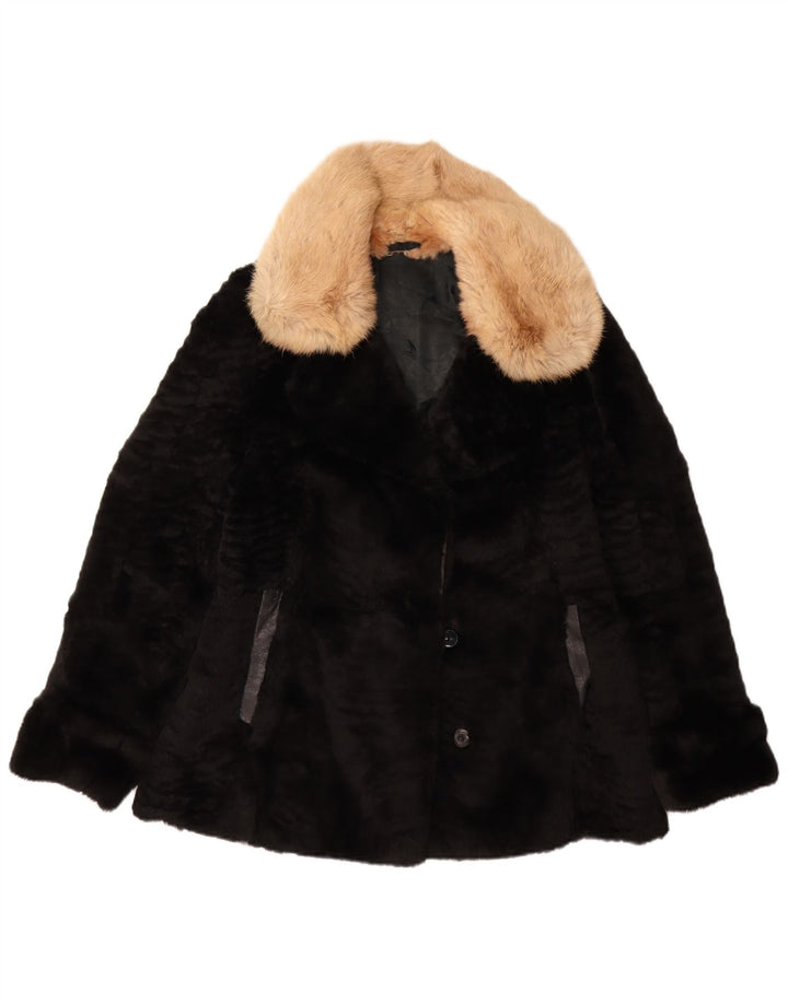 VINTAGE Dame imiteret Pelsjakke UK 14 Medium Sort