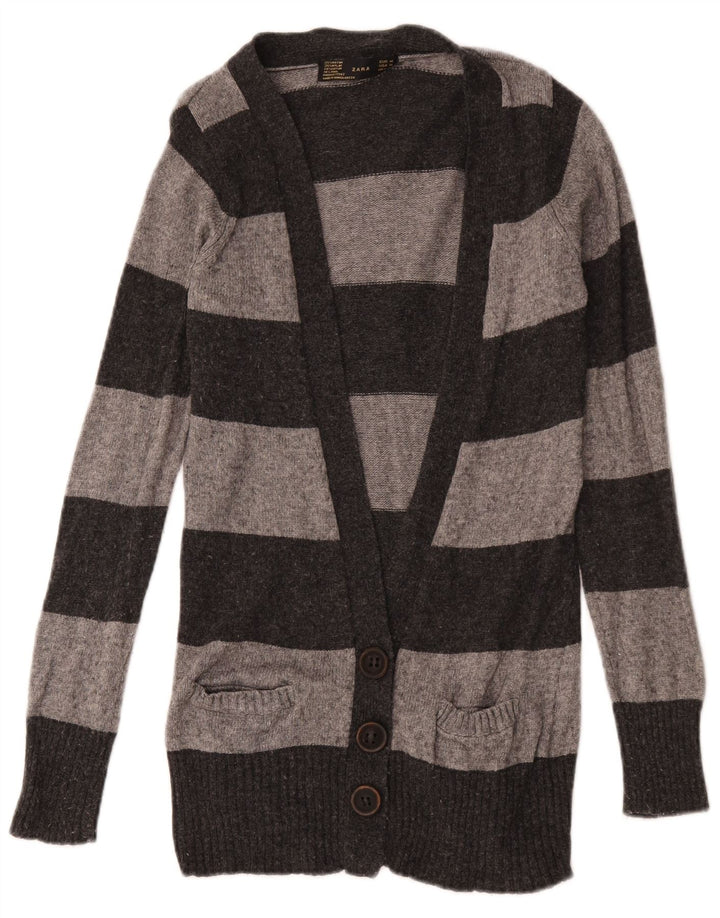 Zara Dame Cardigan Sweater UK 12 Medium Grå Stribet Rayon