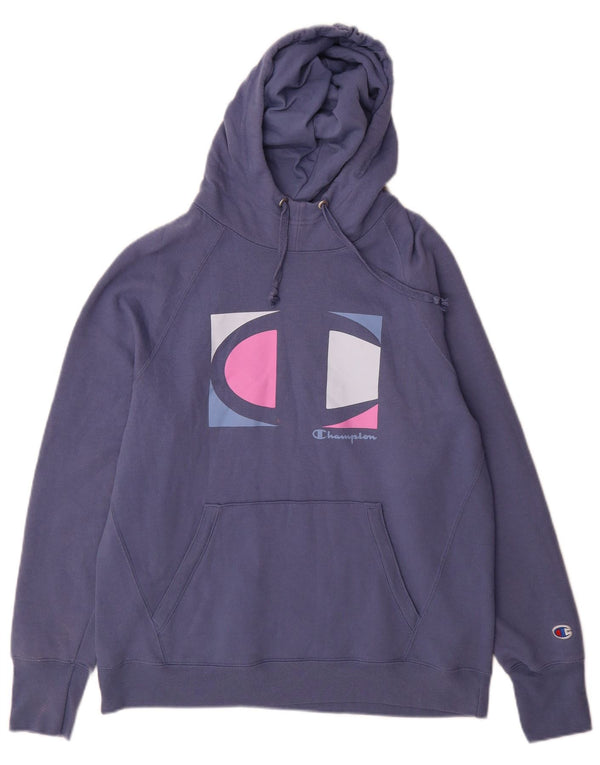 Champion Dame Grafisk Hoodie Jumper UK 16 Large Blue Cotton