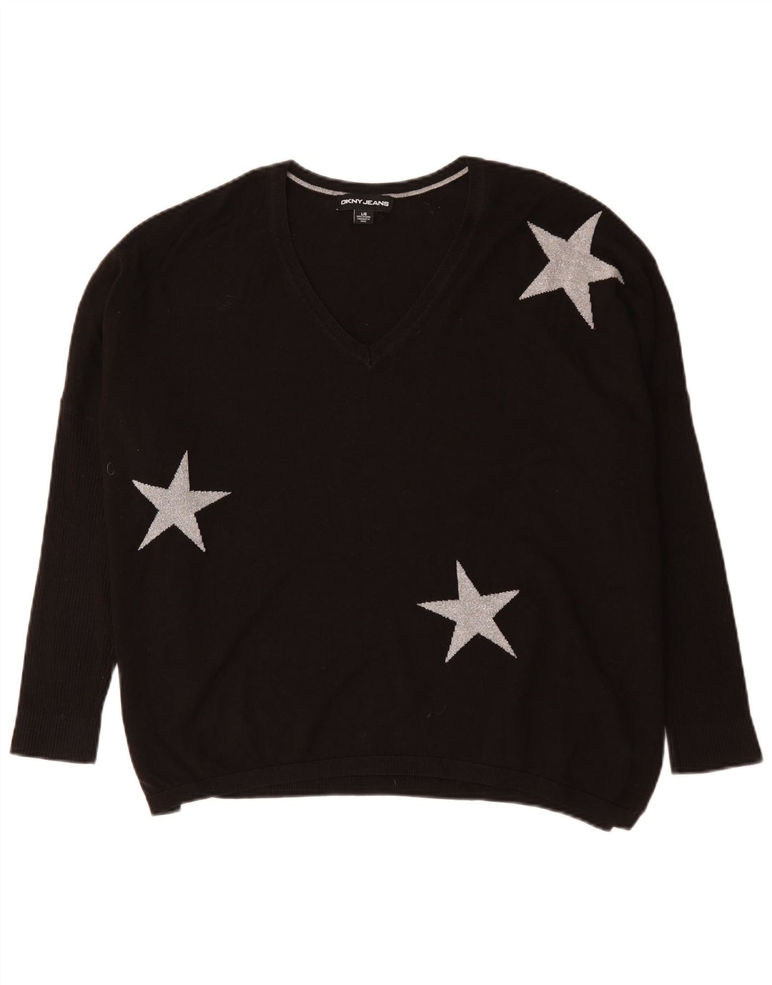 Dkny Dame Oversized Grafisk V-hals Jumper Sweater UK 16 Large Black