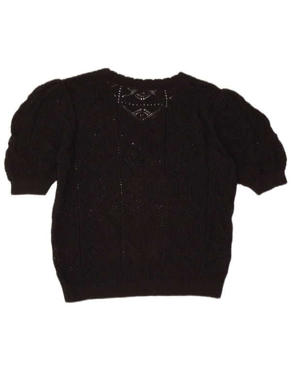 Vintage Dame Kortærmet V-hals Jumper Sweater UK 12 Medium Sort
