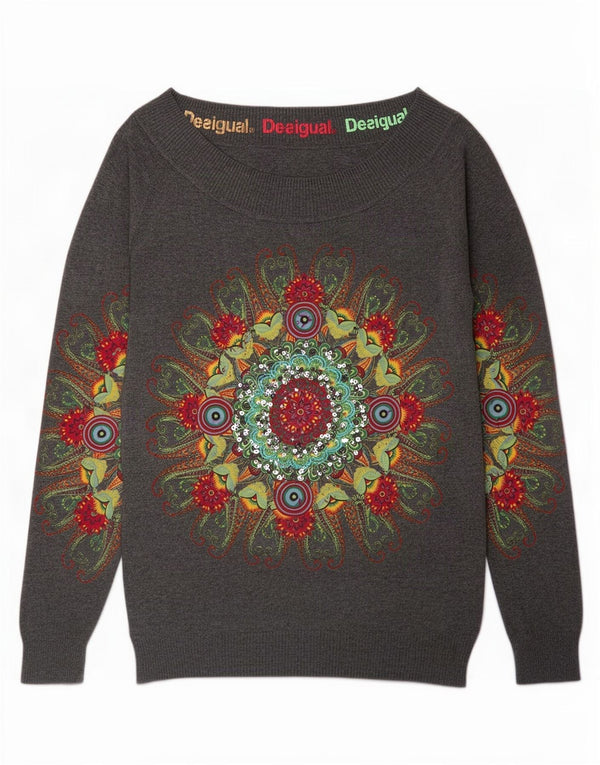 Desigual Dame Grafisk Boat Neck Jumper Sweater UK 18 XL Grå Geometrisk