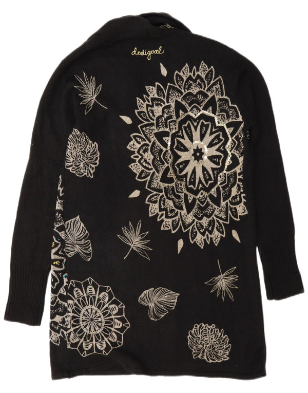 Desigual Dame Oversized Longline Cardigan Sweater UK 6 XS Black Floral