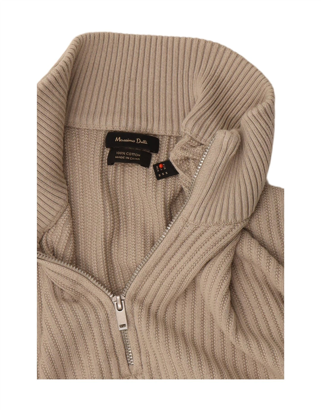 Massimo Dutti Herre Zip Neck Jumper Sweater Medium Beige Bomuld
