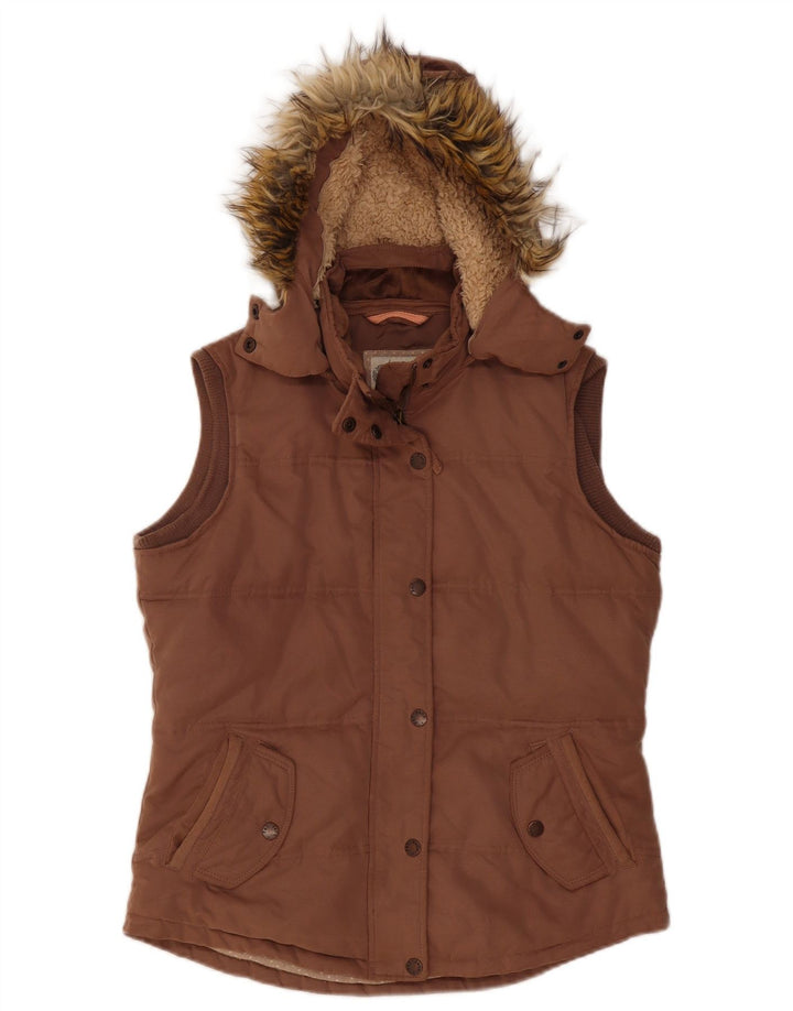 Fat Face Dame Hætte Polstret Gilet UK 12 Medium Brun Polyester