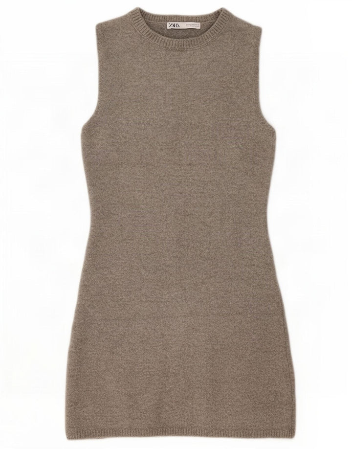 Zara Dame Ærmeløs Jumper Dress UK 12 Medium Grey Uld