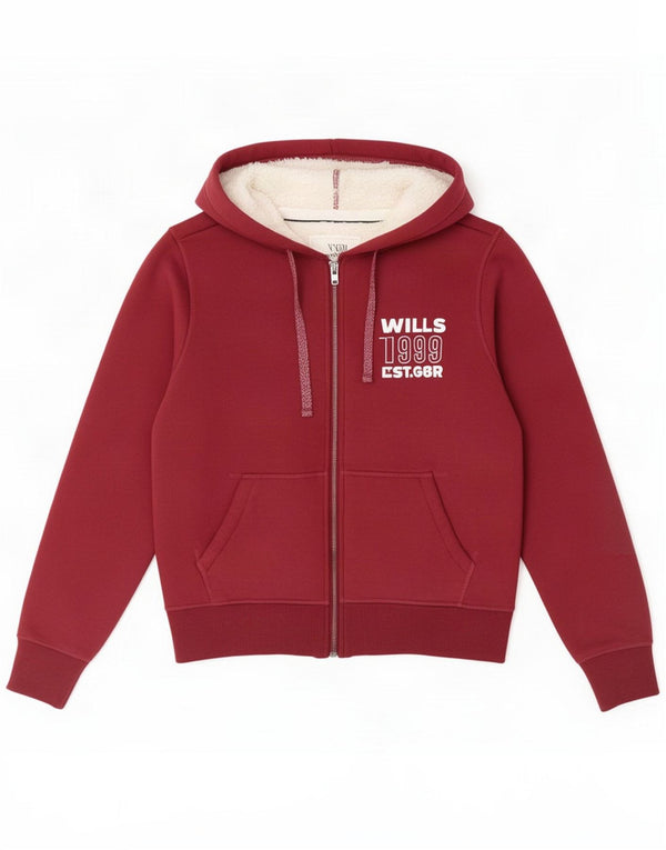 Jack Wills Dame Sherpa Grafisk Hættetrøje Sweater med lynlås UK 10 Small Burgundy