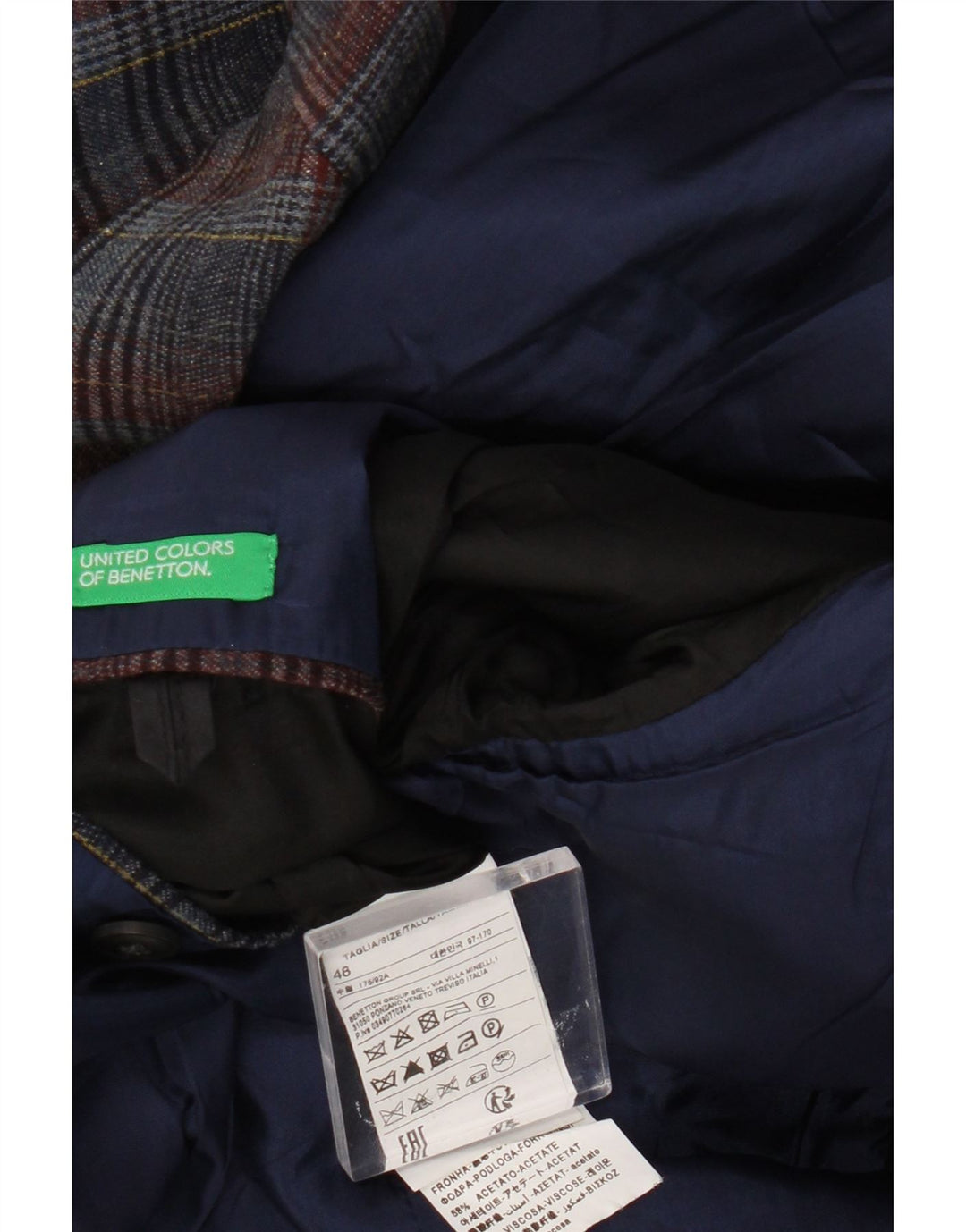 Benetton Herre 2-knaps blazerjakke UK 38 Medium Navyblå Plaid Uld