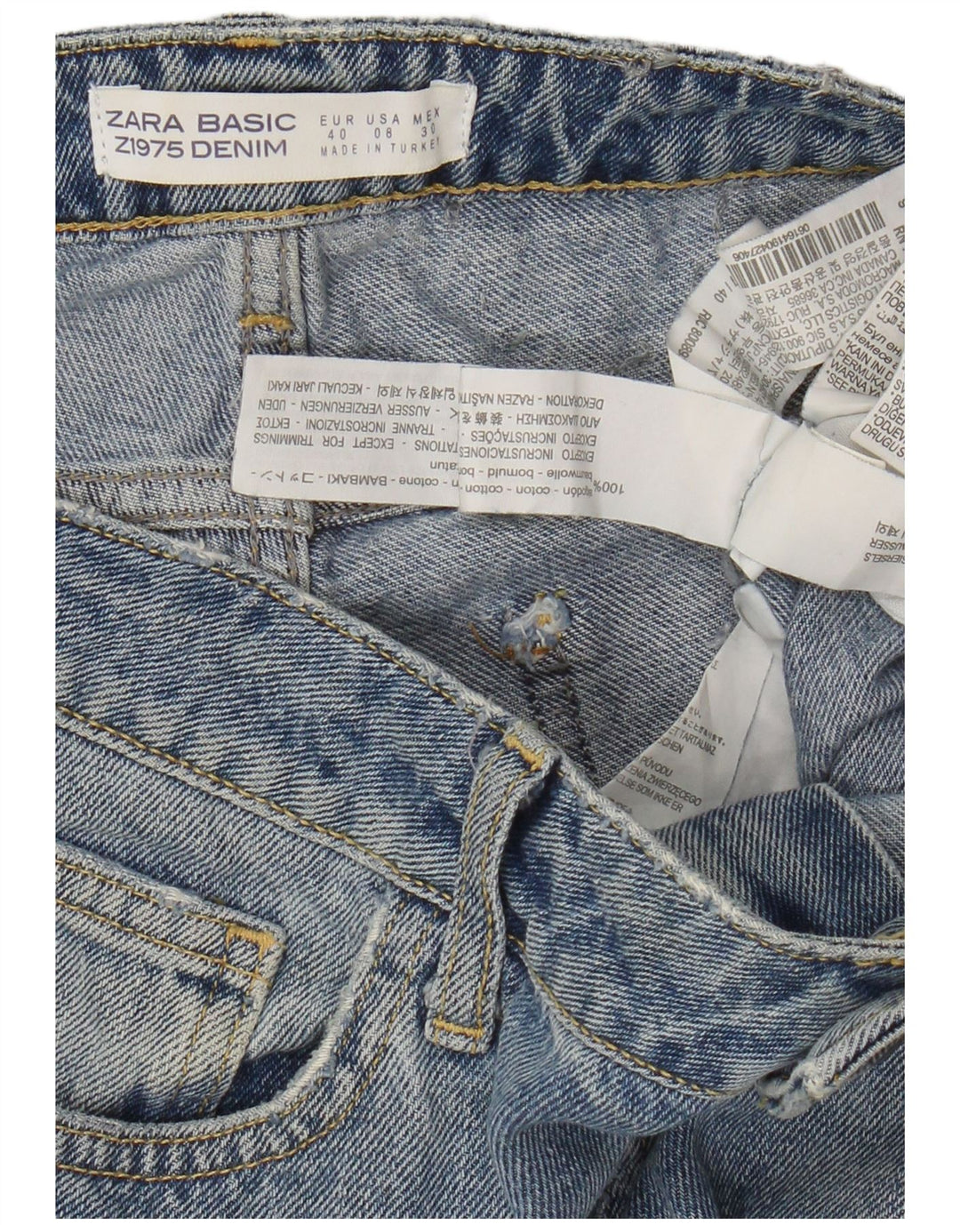 Zara grafiske cropped jeans til kvinder EU 40 Medium W30 L26 blå plettet bomuld