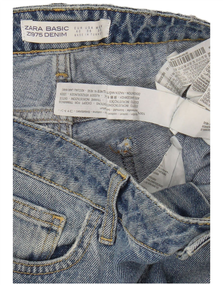 Zara grafiske cropped jeans til kvinder EU 40 Medium W30 L26 blå plettet bomuld