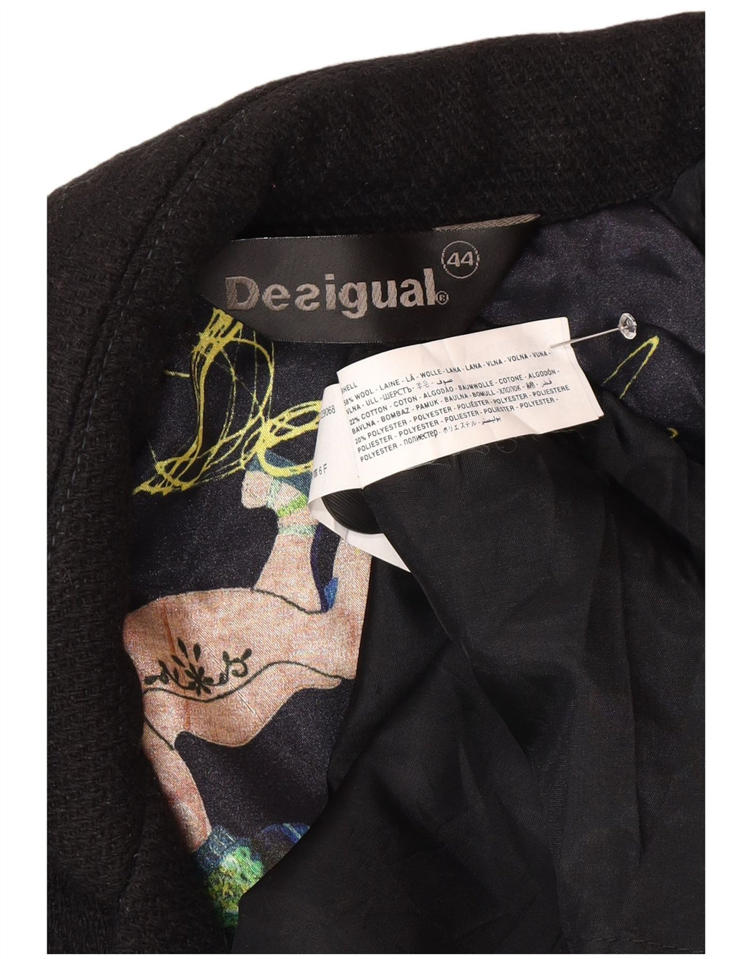 Desigual Dame Overfrakke EU 44 XL Sort Blomsteruld