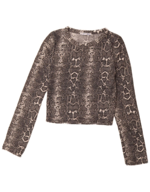 Zara Womens Crop Top Langærmet UK 8 Small Grey Animal Print Viscose