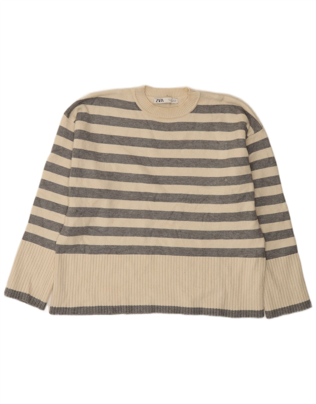 Zara Dame Oversized Crew Neck Jumper Sweater UK 10 Small White Striped