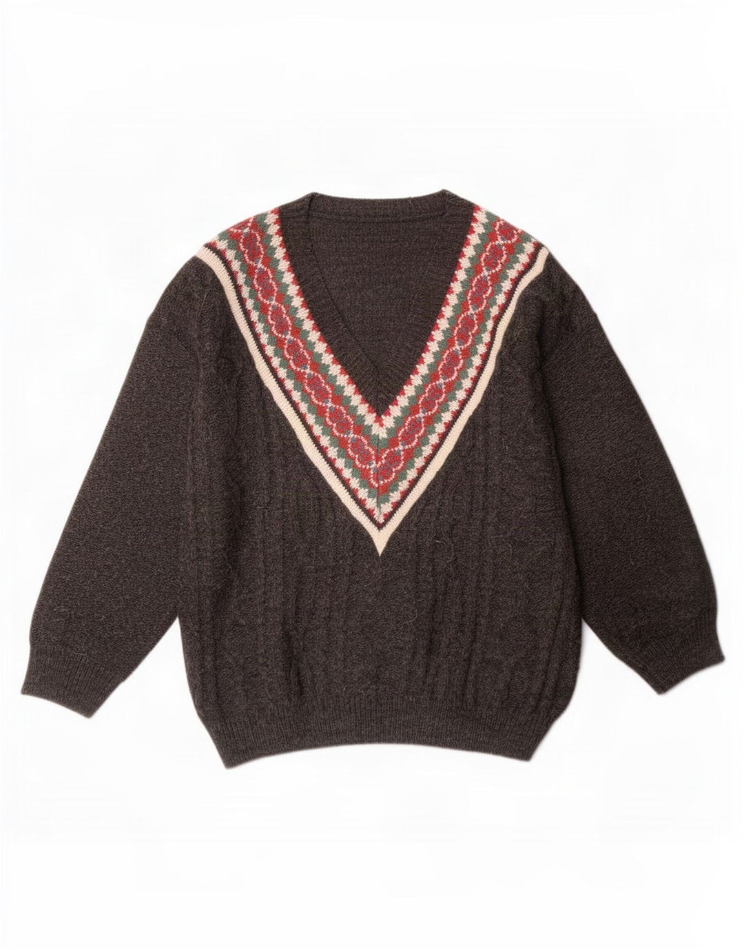Vintage herre V-hals sweater stor grå geometrisk akryl