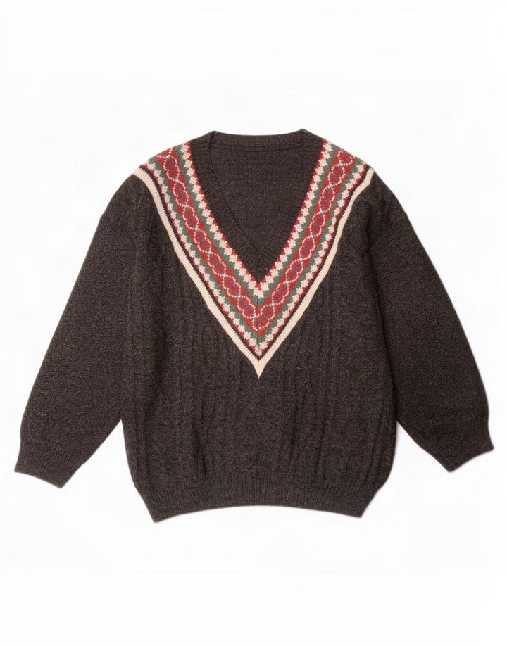 Vintage herre V-hals sweater stor grå geometrisk akryl