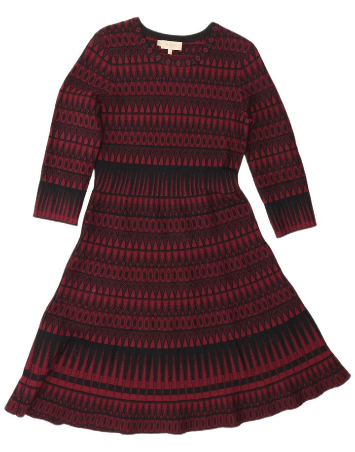 HOBBS Dame 3/4-ærmet Jumper Dress UK 10 Small Red Geometric Viscose