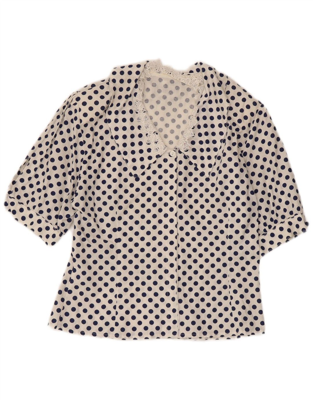 VINTAGE skjortebluse til kvinder med 1/2 ærmer UK 12 Medium White Polka Dot
