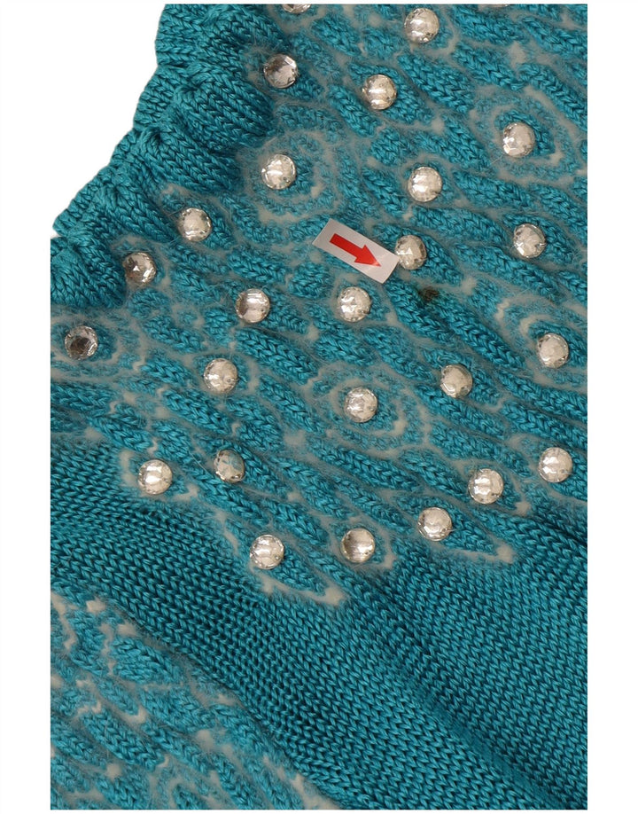 Vintage kvinders abstrakt mønster rund hals sweater UK 14 stor blå