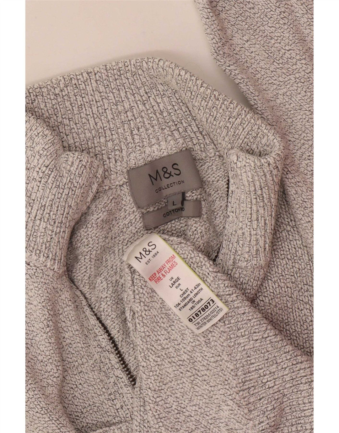 Marks & Spencer Herre sweater med lynlåshals, stor off-hvid, flækket bomuld