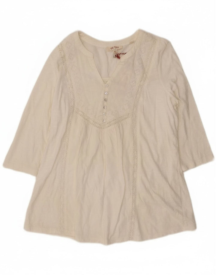 Fat Face Dame 3/4 ærmet bluse Top UK 12 Medium White Bomuld