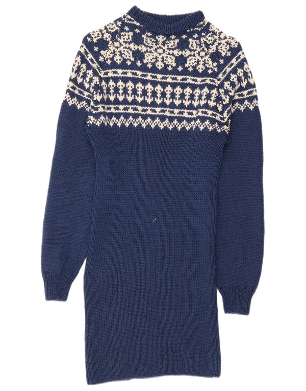 Vintage Dame Langærmet Jumper Kjole UK 10 Small Blue Fair Isle