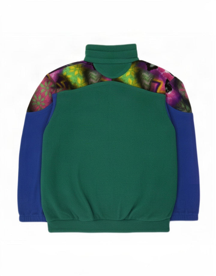 Vintage Herre Button Neck Fleece Jumper Medium Green Colourblock Polyester