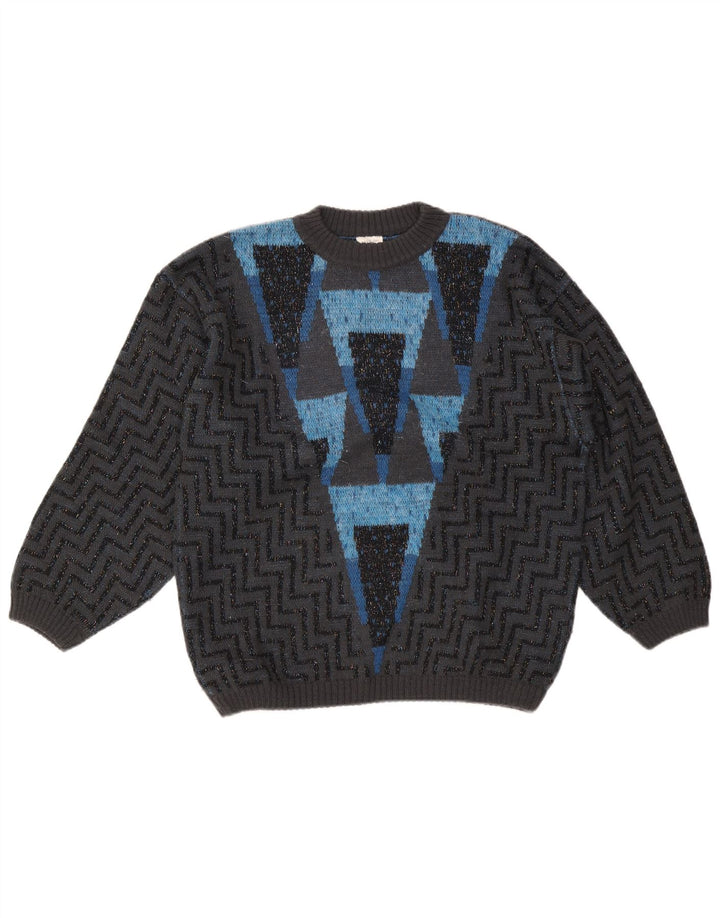VINTAGE Dame sweater med rund hals DK 16 Stor grå Chevronuld