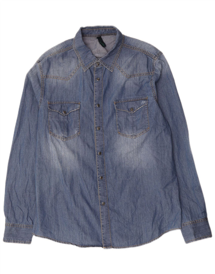 BENETTON Denimskjorte til mænd XL Blå bomuld