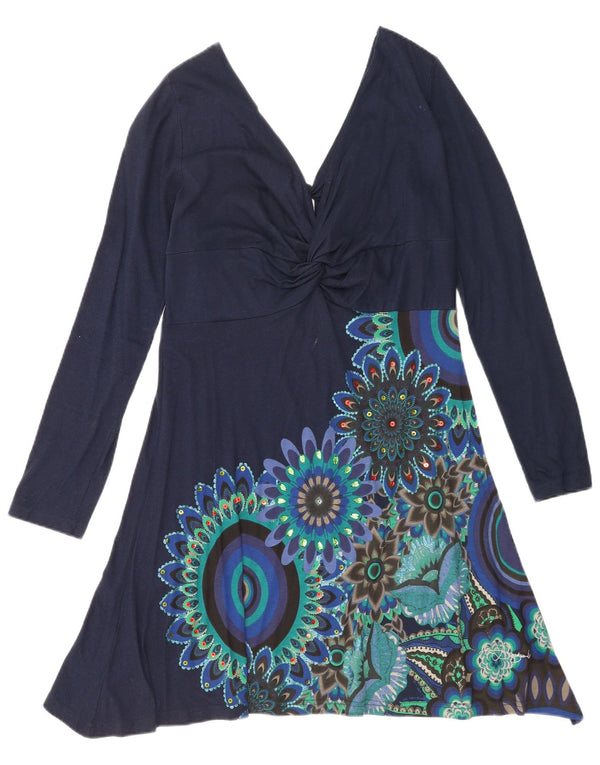 Desigual Dame Langærmet A-Line Kjole UK 18 XL Navy Blue Floral