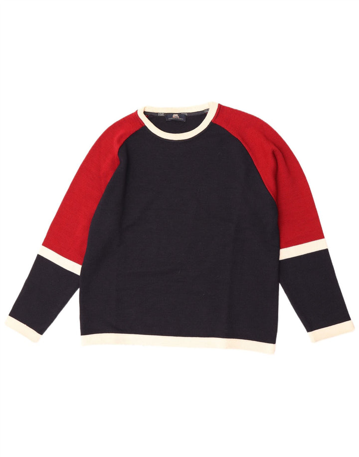 Vintage Herre rund hals sweater lille marineblå Colourblock Uld
