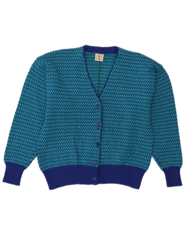 Vintage dame cardigan sweater UK 14 Medium Blue Houndstooth Uld