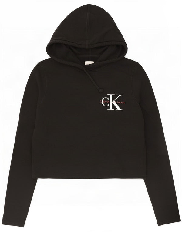 Calvin Klein Dame Crop Graphic Hoodie Jumper UK 10 Small Black Bomuld