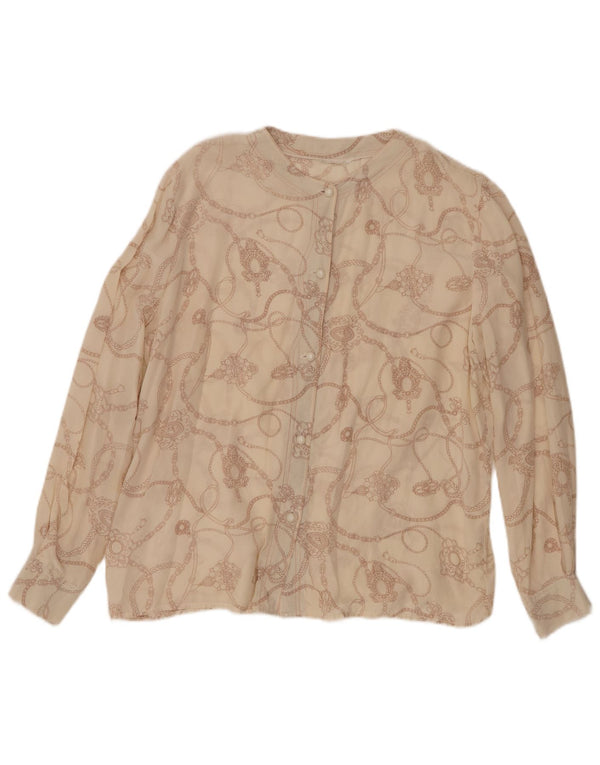 Vintage kvinders grafisk skjorte bluse UK 16 Large Beige Silk