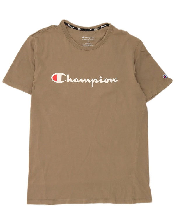 Champion Mens Graphic T-Shirt Top Medium Khaki Cotton
