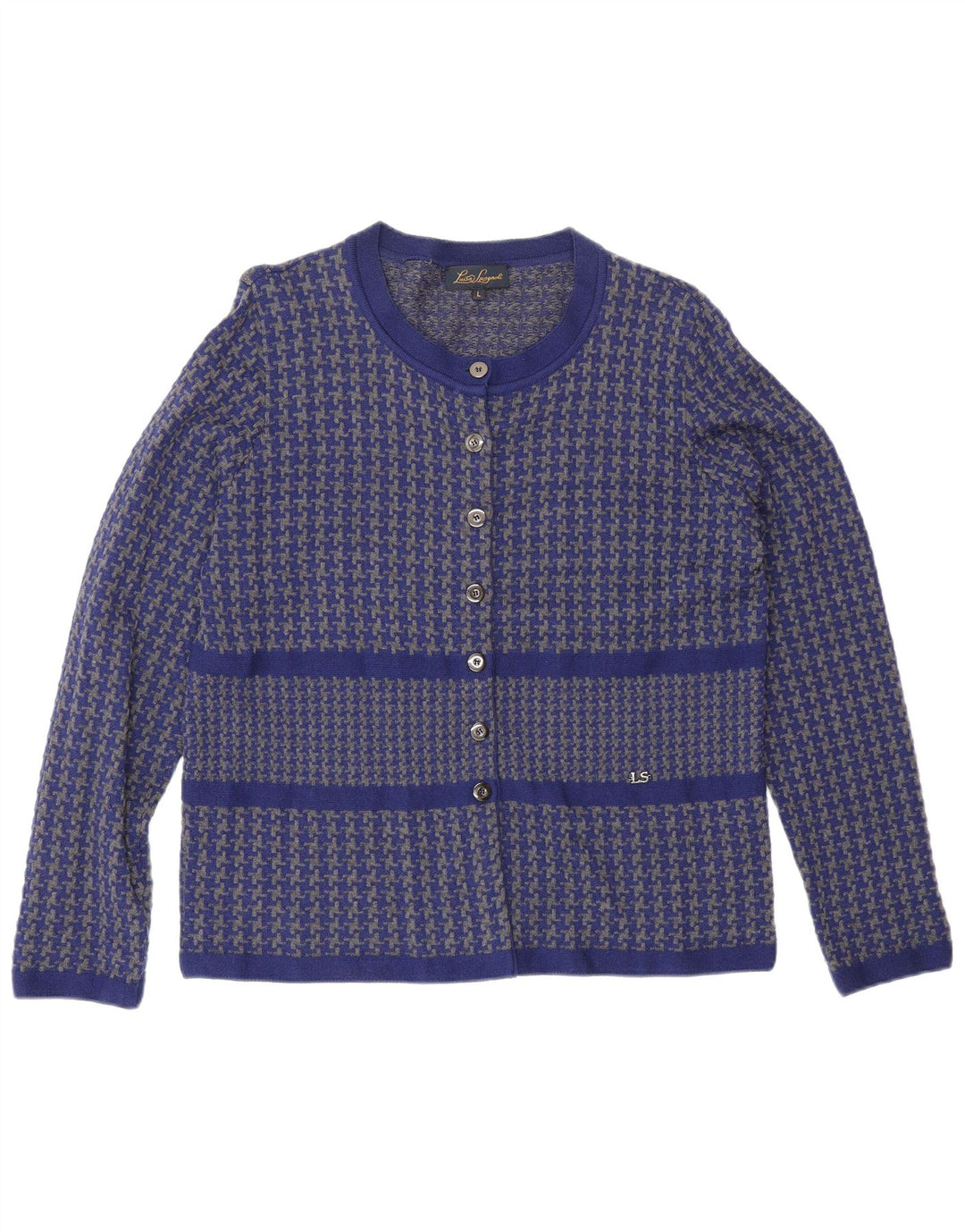 Luisa Spagnoli Dame Cardigan Sweater UK 16 Large Blue Houndstooth Uld