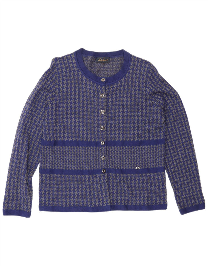 Luisa Spagnoli Dame Cardigan Sweater UK 16 Large Blue Houndstooth Uld