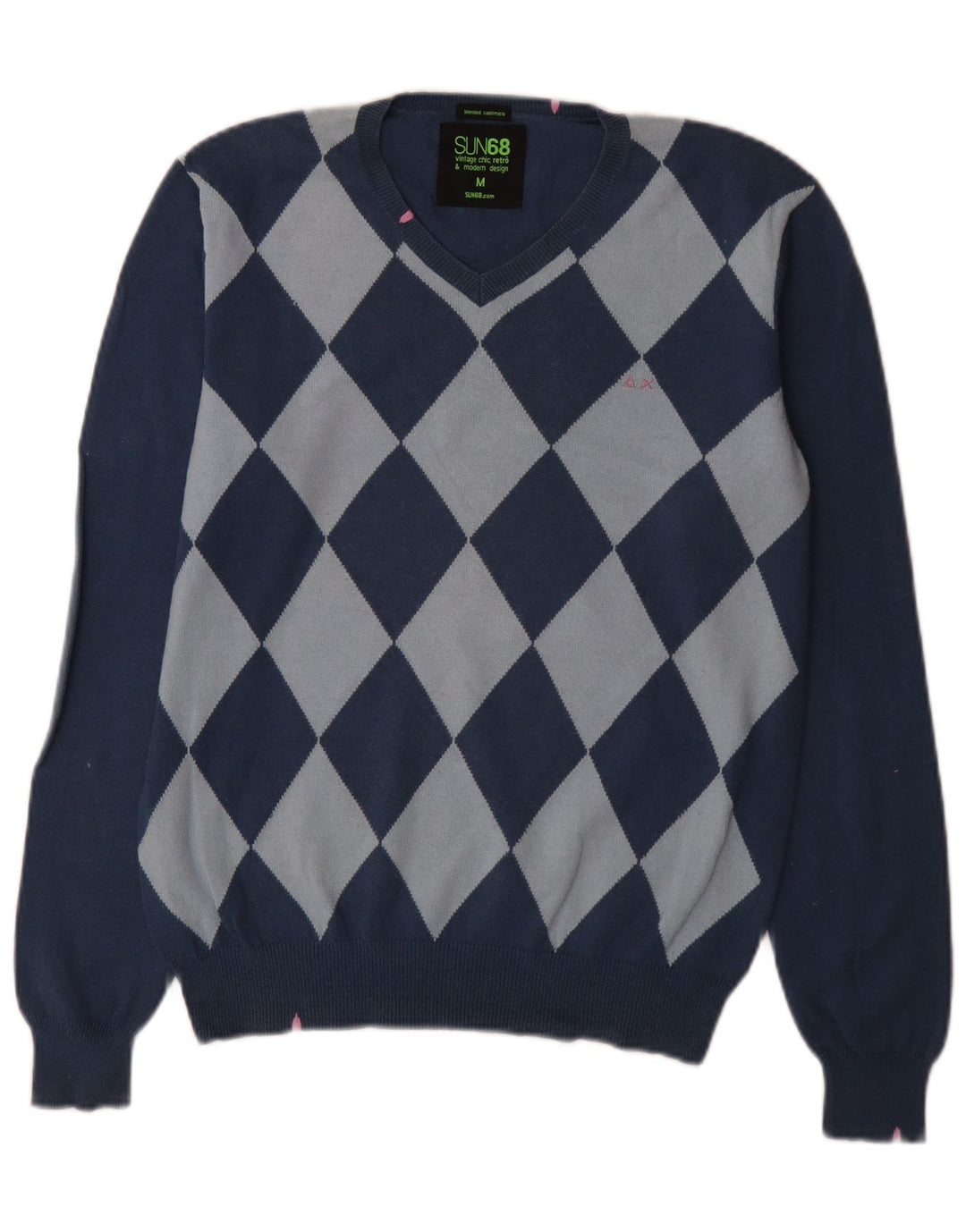 Sun68 Herre V-hals sweater Medium Blue Argyle/Diamond Bomuld