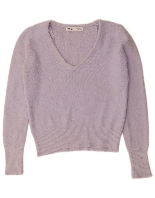 Zara Womens Crop V-hals sweater UK 10 Small Purple Nylon