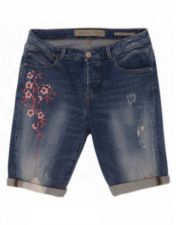 Guess Womens Distressed Denim Shorts W28 Medium Blue Floral Cotton