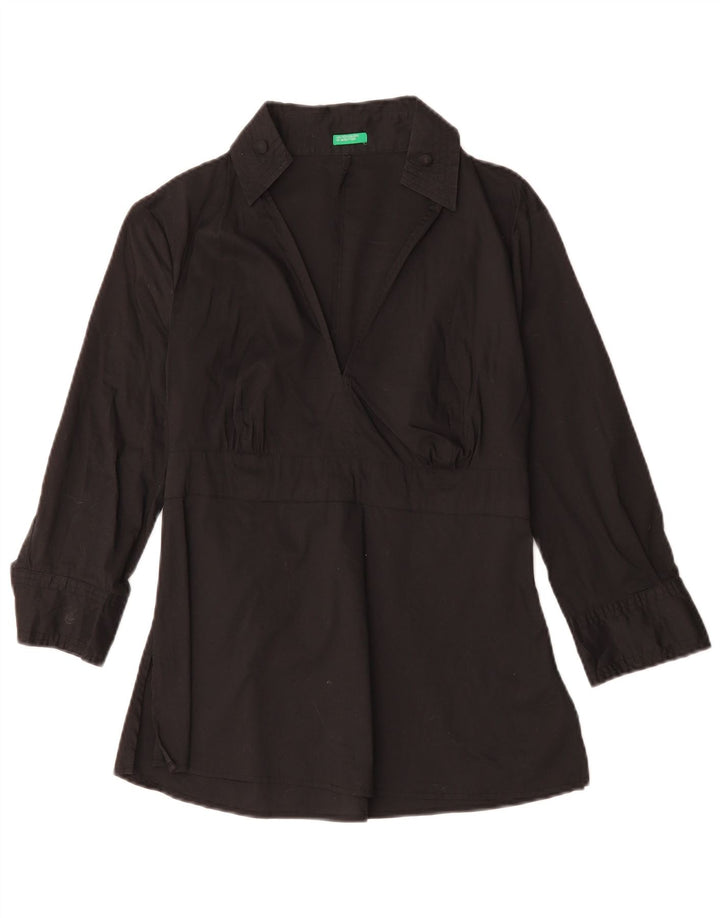 BENETTON Dame 3/4 ærmet bluse Top UK 10 Lille sort bomuld
