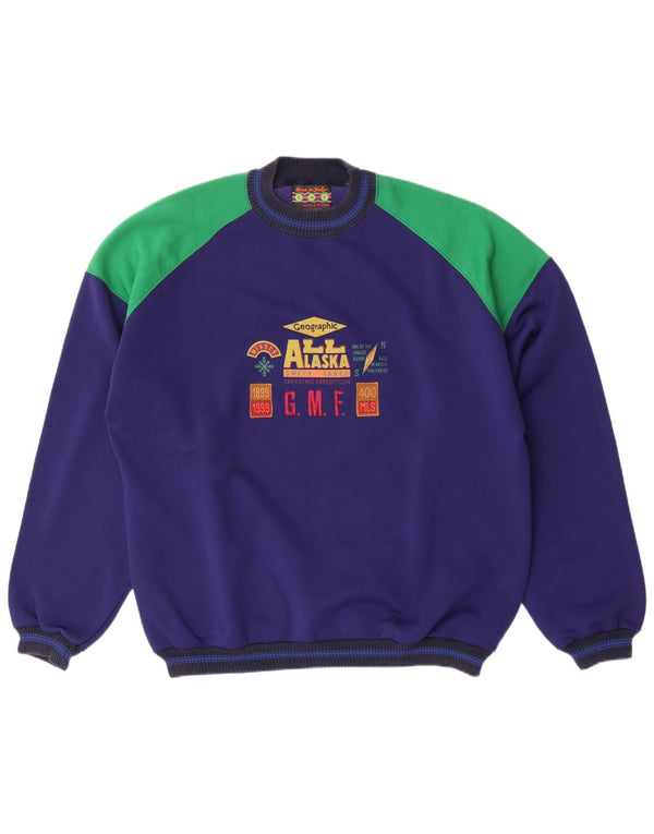 Vintage herre grafisk sweatshirt jumper XL marineblå colourblock bomuld