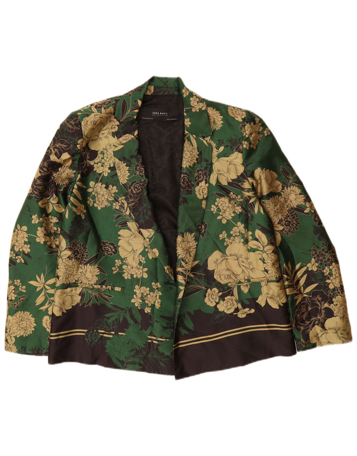 Zara Womens Open Blazer Jacket UK 14 Medium Green Floral Polyester
